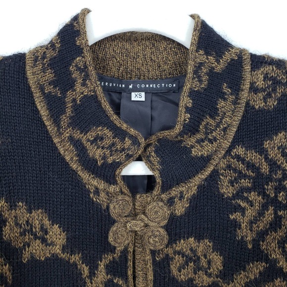 Peruvian Connection Cardigan Sweater Jacket XS Alpaca Asian Floral Black Brown - Picture 5 of 9